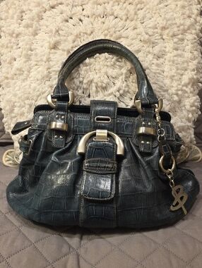 B. Makowsky Blue Croc-Embossed Leather Satchel with Chunky Silver Hardware